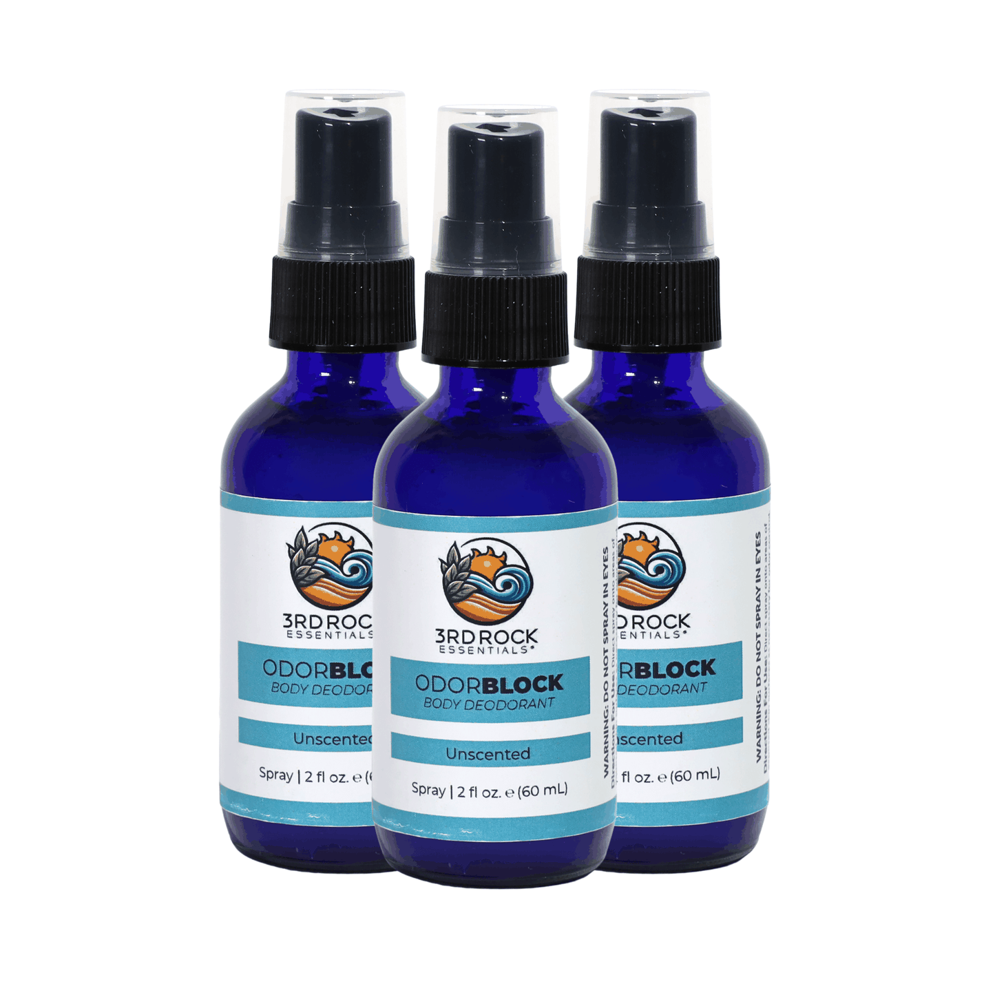 Unscented body deodorant spray bottles three-pack, blue bottles with black mist caps.