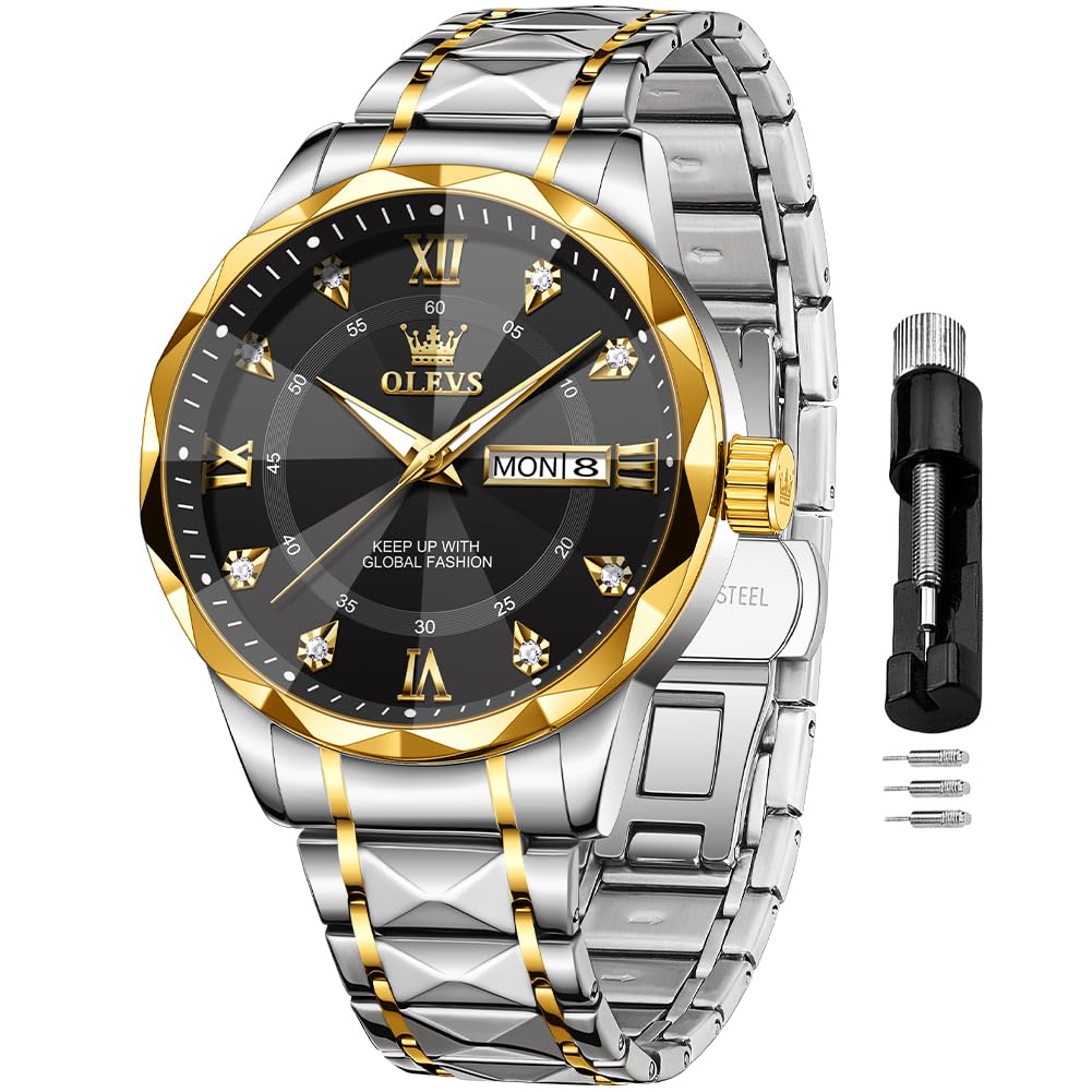 OLEVS Watches for Men Business Dress Two-Tone Black Men Watch Diamond Stainless Steel Big Dial Waterproof Analog Date Wristwatch - Renee Lane Company