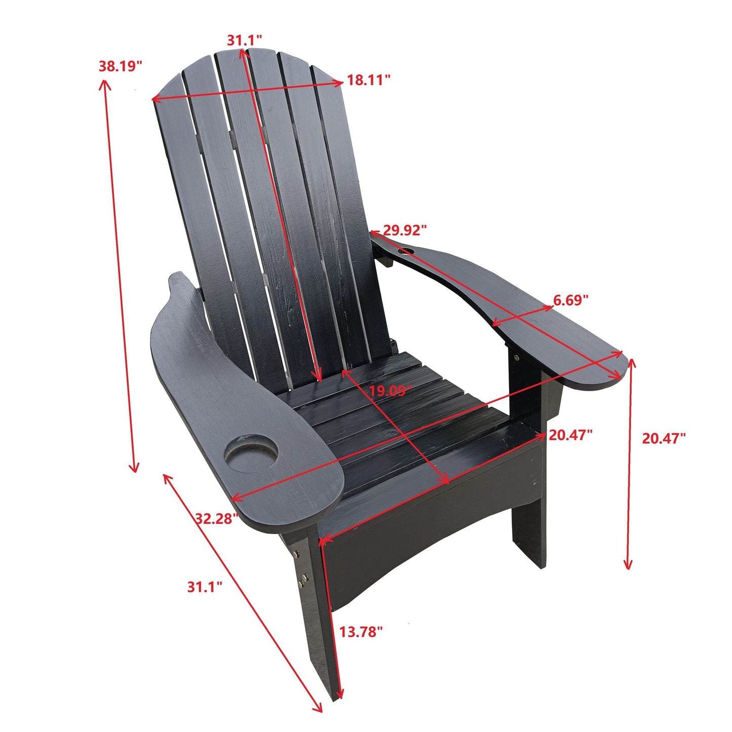 Outdoor or indoor Wood Adirondack chair with an hole to hold umbrella on the arm - Renee Lane Company