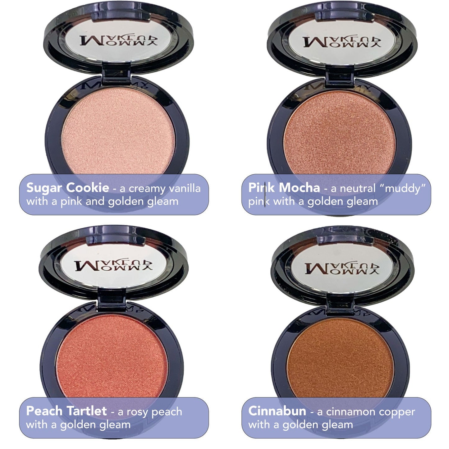 Eye and cheek powder compacts with pink, bronze, copper, and cinnamon shimmer shades