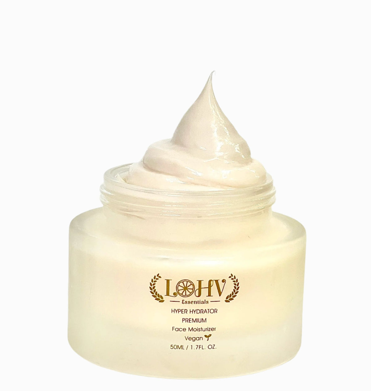 Face moisturizer jar with gold lid and creamy white body, upright view