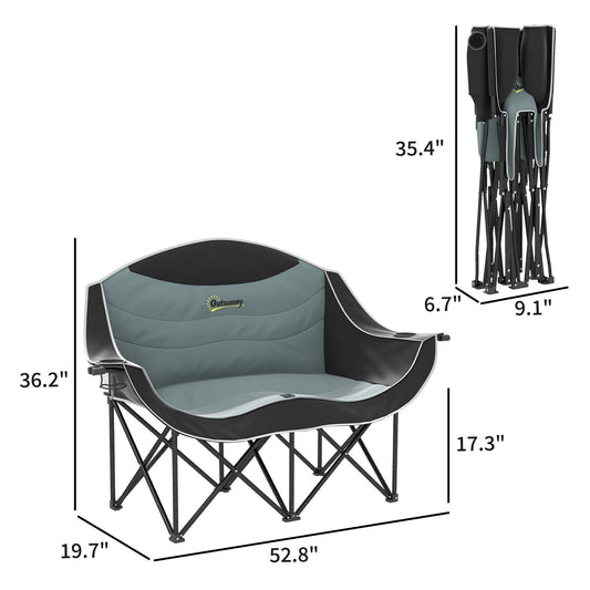 Padded Folding Camp Chair for Adults, Double Camping Chairwith Armrests, Cup Holders, Carry Bag for Outdoor, Black - Renee Lane Company