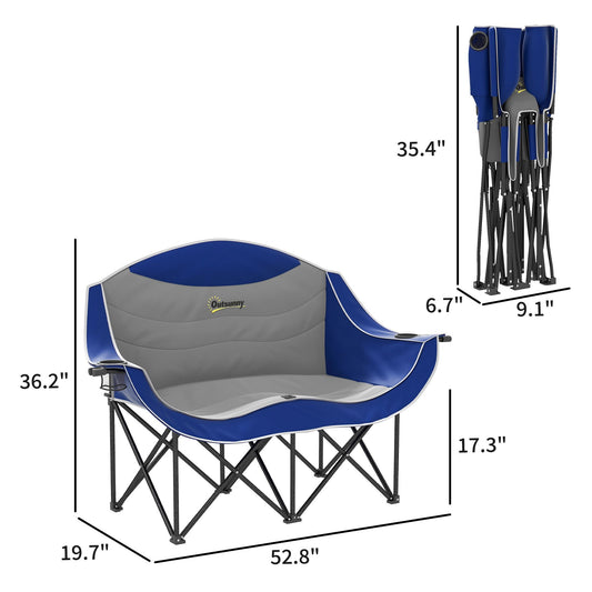 Padded Folding Camp Chair for Adults, Double Camping Chairwith Armrests, Cup Holders, Carry Bag for Outdoor, Blue - Renee Lane Company