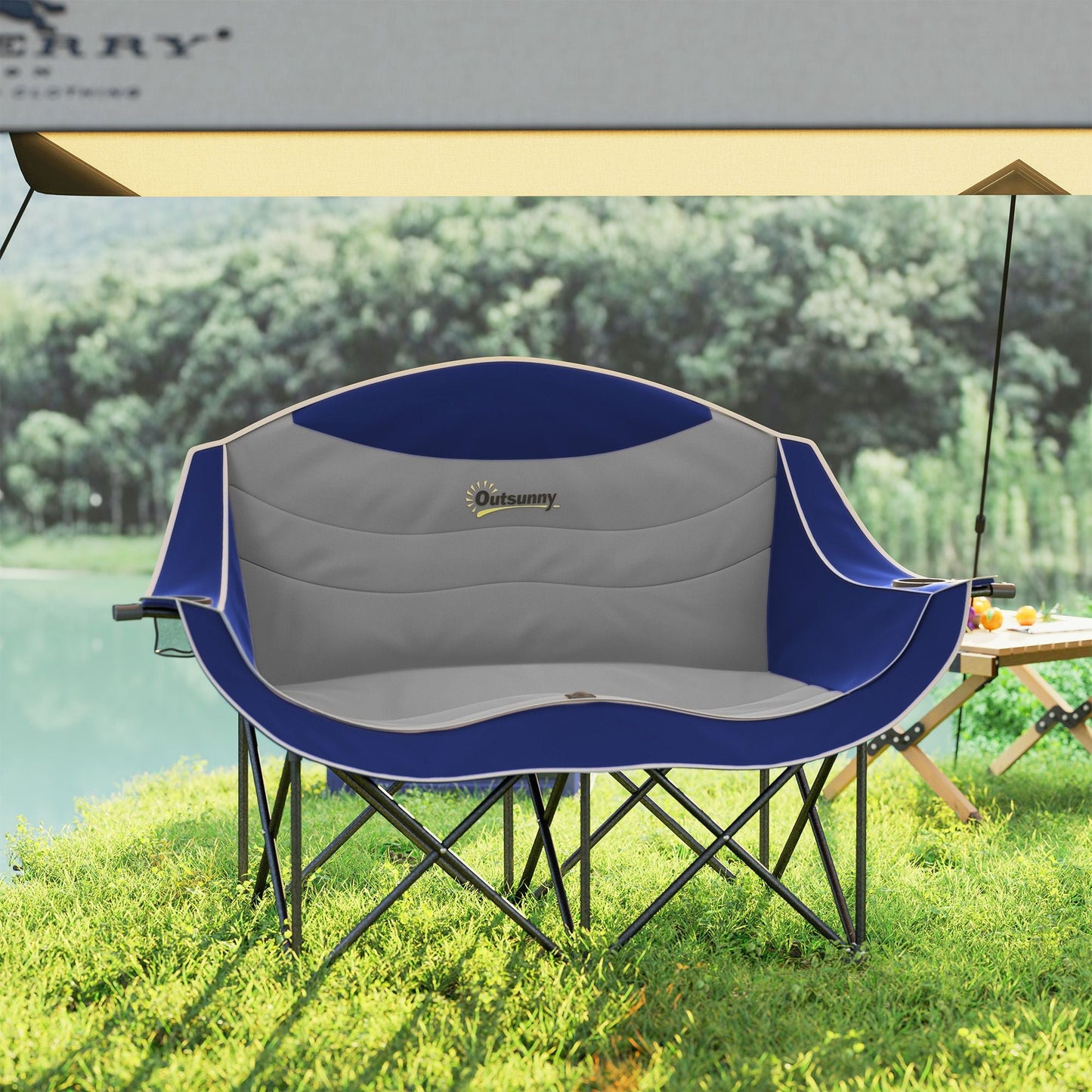 Padded Folding Camp Chair for Adults, Double Camping Chairwith Armrests, Cup Holders, Carry Bag for Outdoor, Blue - Renee Lane Company