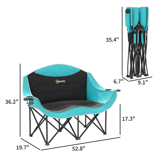 Padded Folding Camp Chair for Adults, Double Camping Chairwith Armrests, Cup Holders, Carry Bag for Outdoor, Green - Renee Lane Company