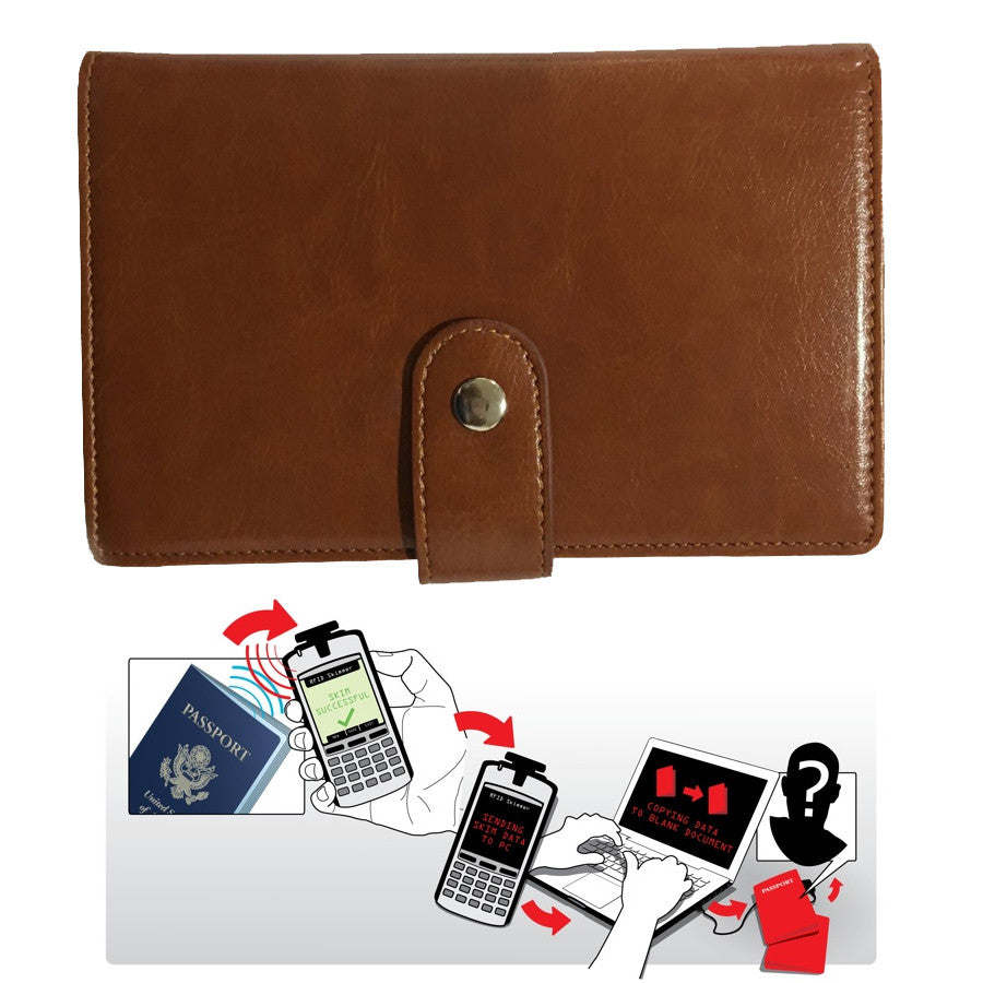 Brown passport wallet with snap closure and RFID protection icons
