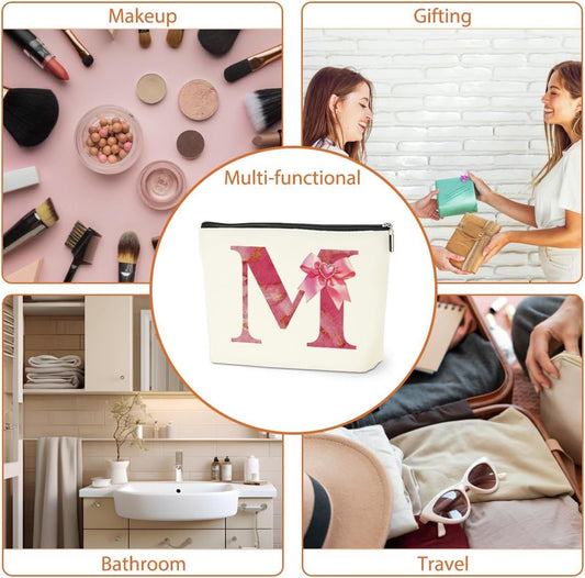 Personalized Initial Makeup Bag, Monogram Bow Travel Toiletry Make Up Bags Cute Preppy Cosmetic Bag Pouch Makeup Organizer Mothers Day Wedding Birthday Gifts for Women Friends Sister Girls Pink M - Renee Lane Company