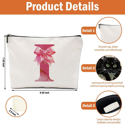Personalized Initial Makeup Bag, Monogram Bow Travel Toiletry Make Up Bags Cute Preppy Cosmetic Bag Pouch Makeup Organizer Mothers Day Wedding Birthday Gifts for Women Nurse Sister Girls Pink I - Renee Lane Company