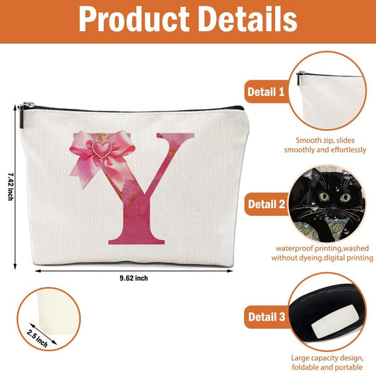 Personalized Initial Makeup Bag, Monogram Bow Travel Toiletry Make Up Bags Cute Preppy Cosmetic Bag Pouch Makeup Organizer Mothers Day Wedding Birthday Gifts for Women Teacher Sister Girls Pink Y - Renee Lane Company