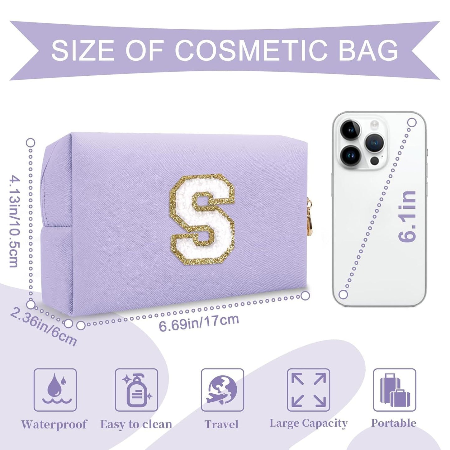 Personalized Makeup Bag Initial A-Z Preppy Patch Bag,Small PU Leather Travel Cosmetic Bag Pouch with Zipper,Purple Cute Toiletry Bag,Gift Ideal for Teen Girls Women Birthday Friend Mom,Latter S - Renee Lane Company