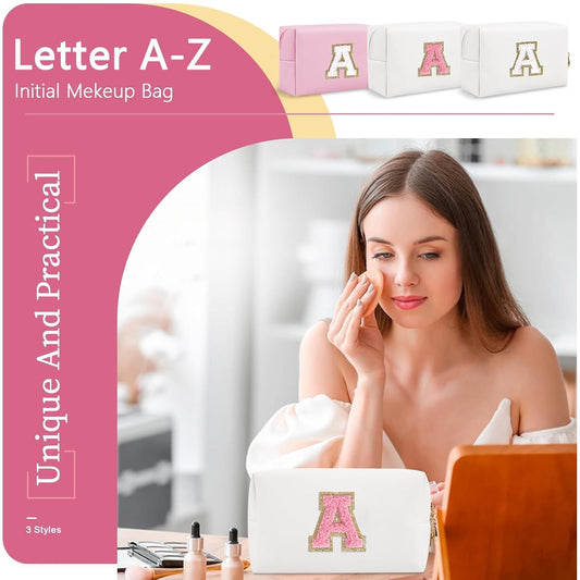 Personalized Makeup Bag Initial A-Z Preppy Patch Bag,Small PU Leather Travel Cosmetic Bag Pouch with Zipper,White Cute Toiletry Bag,Gift Ideal for Teen Girls Women Birthday Friend Mom,Letter A - Renee Lane Company