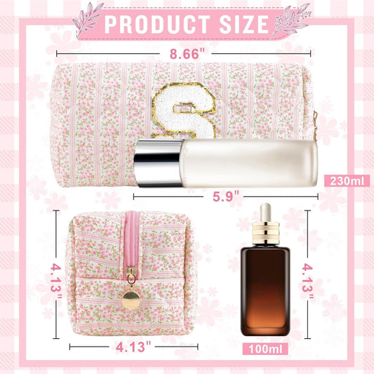 Personalized Quilted Cosmetic Bag, Puffy Monogrammed Christmas Birthday Gifts for Women & Girls, Cute initial Floral Makeup Bag Puffer Coquette Bag, Aesthetic Travel Toiletry Zipper Pouch(Pink,S) - Renee Lane Company