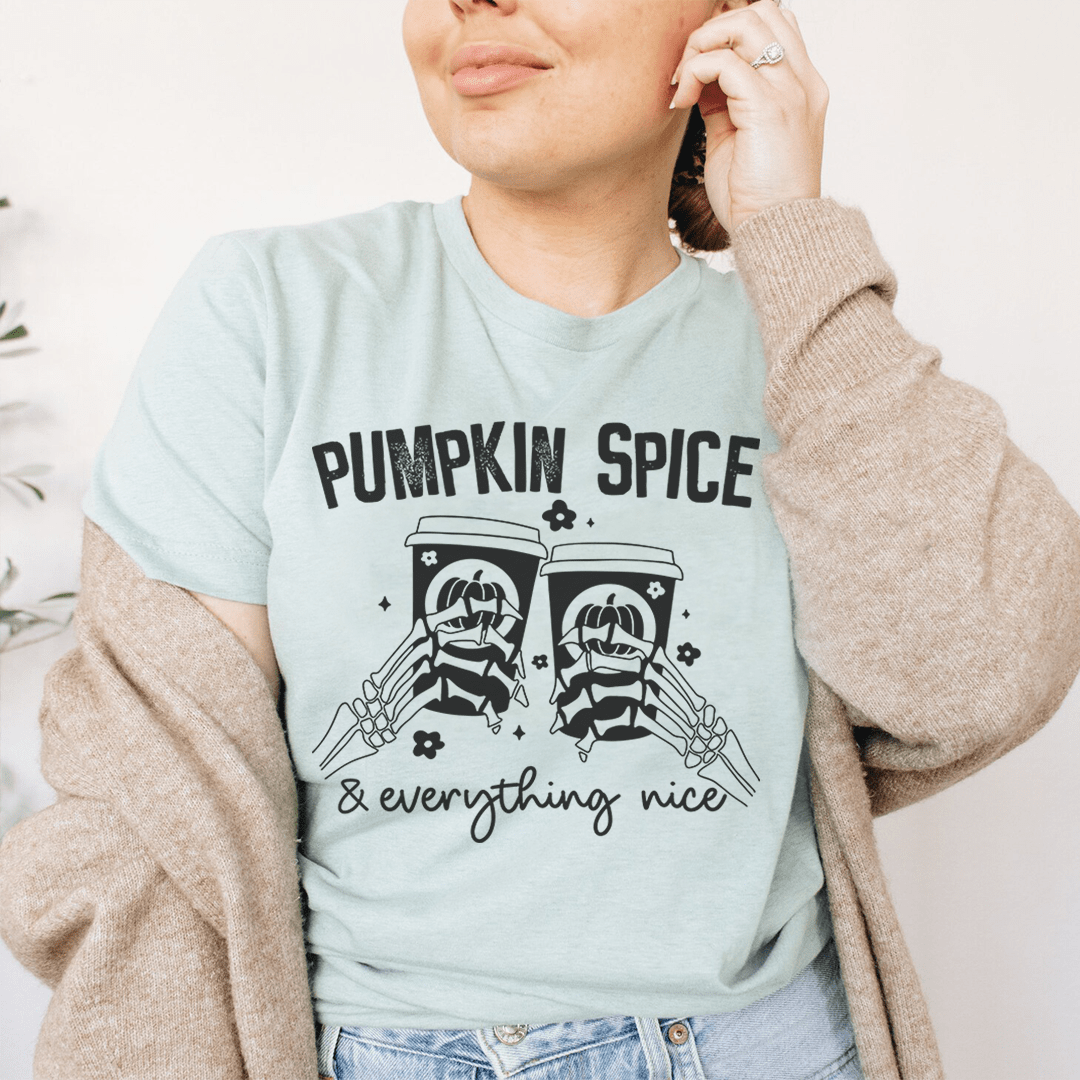Pumpkin Spice & Everything Nice T-shirt, light blue, crew neck, front pumpkin graphic