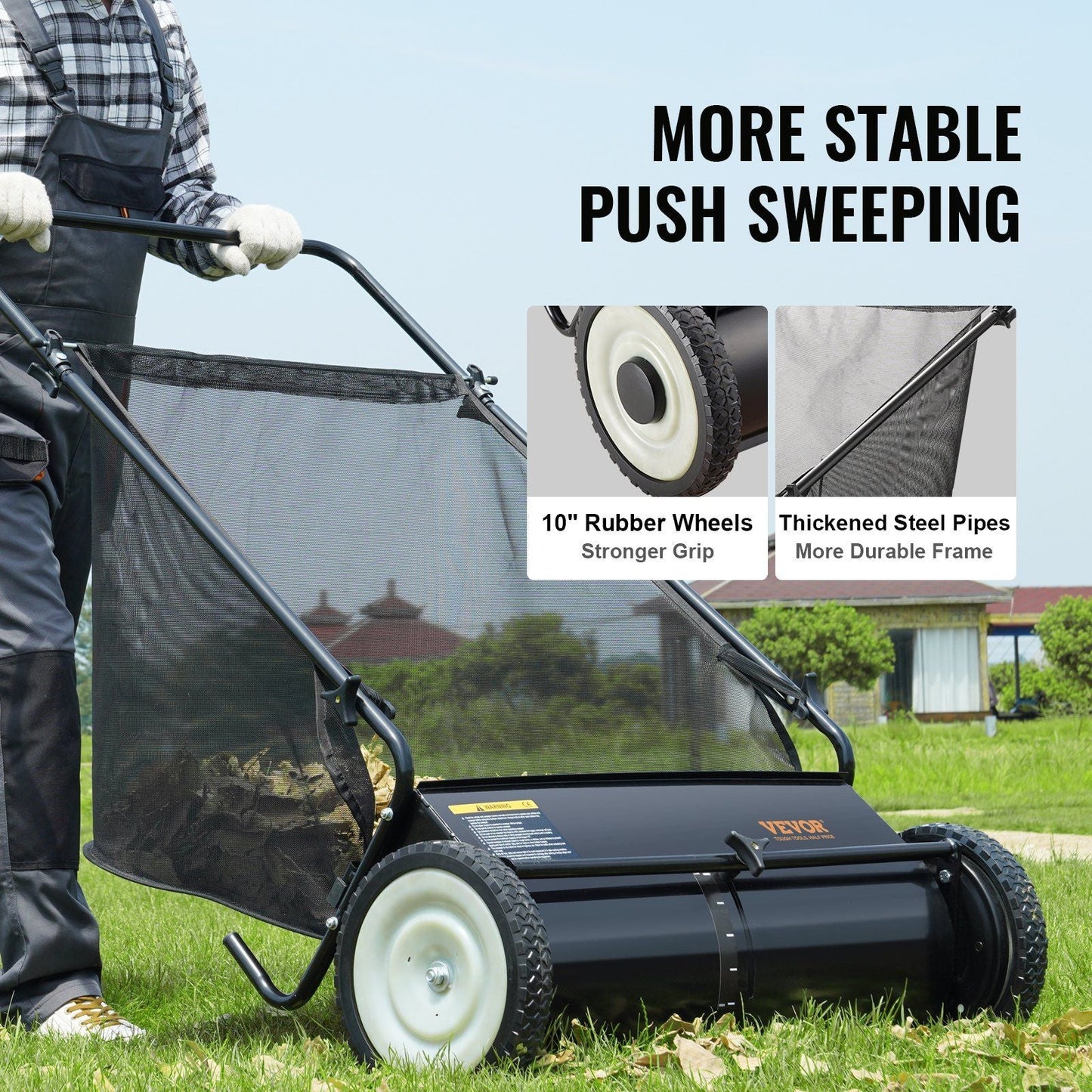 Push Lawn Sweeper, 26-inch Leaf & Grass Collector, Strong Rubber Wheels & Heavy Duty Thickened Steel, Durable to Use with Large Capacity 7 cu. ft. Mesh Collection Hopper Bag, 4 Spinning Brushes - Renee Lane Company