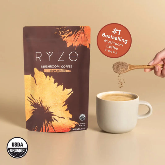 RYZE SUPERFOODS Mushroom Medium Roast Coffee Starter Kit, USDA Organic Instant Coffee with 6 Adaptogenic Mushrooms and for Energy, Focus, Digestion, Immunity with Lions Mane & Turkey Tail 30 Serving - Renee Lane Company