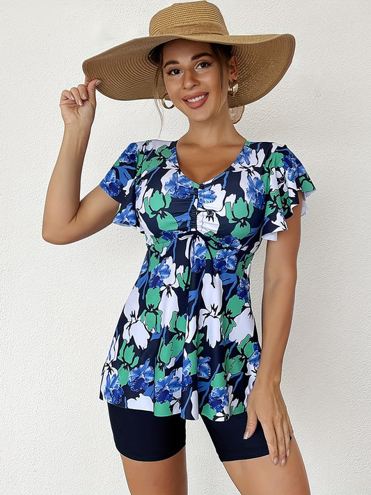 Random Print Ruffle Tankini Sets, V Neck Drawstring Tie Front Boxer Short Bottom Two Pieces Swimsuit, Women's Swimwear & Clothing - Renee Lane Company