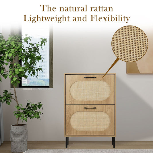 Rattan Shoe Cabinet with 2 Flip Doors, Narrow Freestanding Shoe Organizer, Modern Narrow Shoe Storage Cabinet with Metal Legs for Entryway, Hallway, Closet (Natural) - Renee Lane Company