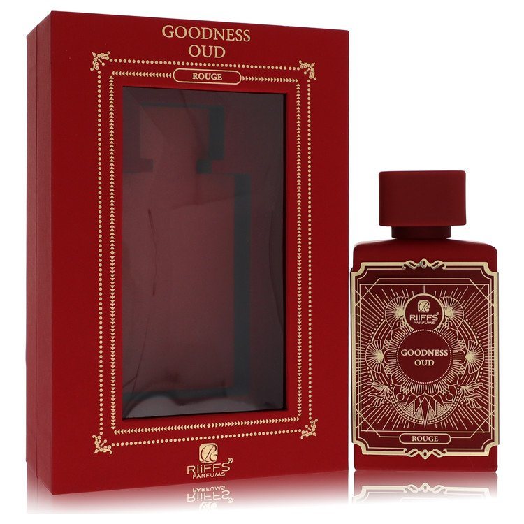 Red oud eau de parfum bottle with cap and decorative label, beside gift box