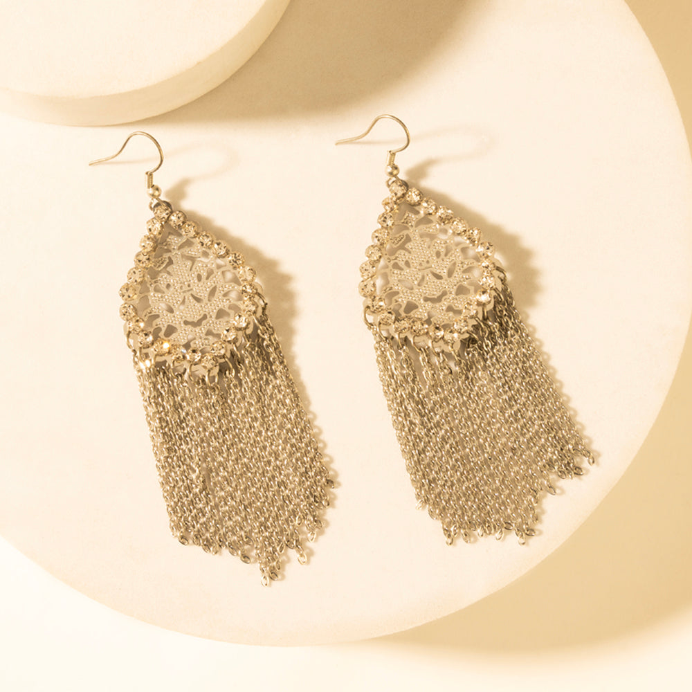 Antique gold fringe drop earrings with ornate cutout filigree and mesh chain fringe
