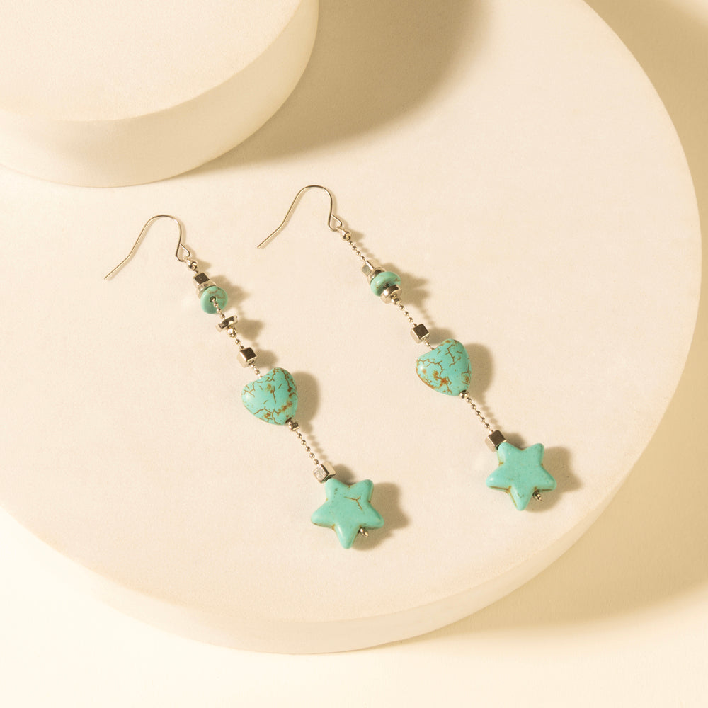 Turquoise beaded drop earrings with star charms and heart centerpiece