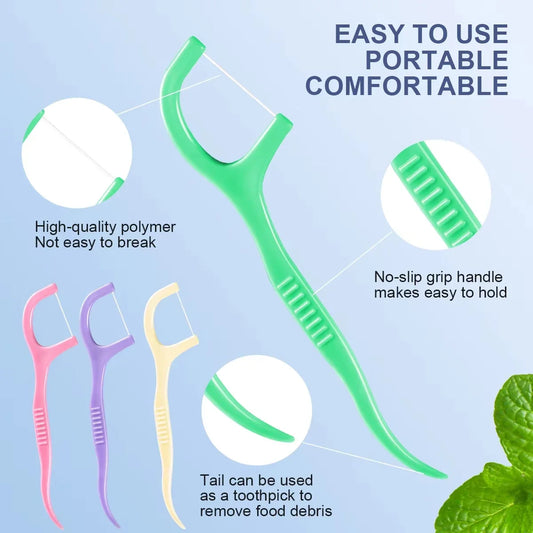 Green dental floss pick with ridged grip handle and ultra-fine floss tip