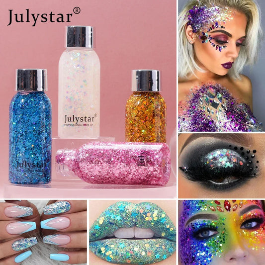 Glitter face and body shimmer gel bottles in blue, white, gold, and pink.