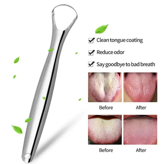 Stainless steel tongue scraper with curved loop handle