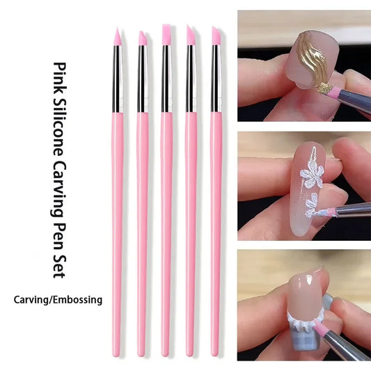 Pink silicone nail carving dotting pen set, five fine tips for DIY manicure