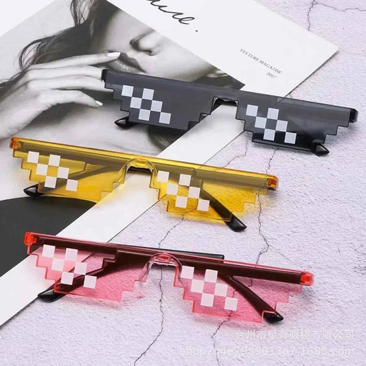 Pixel mosaic sunglasses in black, yellow, and red with white checker pattern