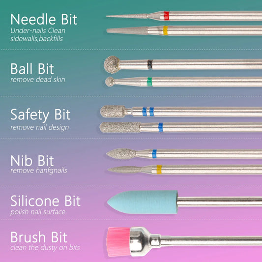 Nail drill bit set shown with different head shapes for polishing and nail detail work