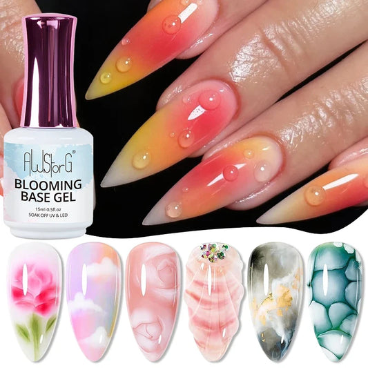 AluStori blooming base gel bottle with glossy multi-color floral nail designs