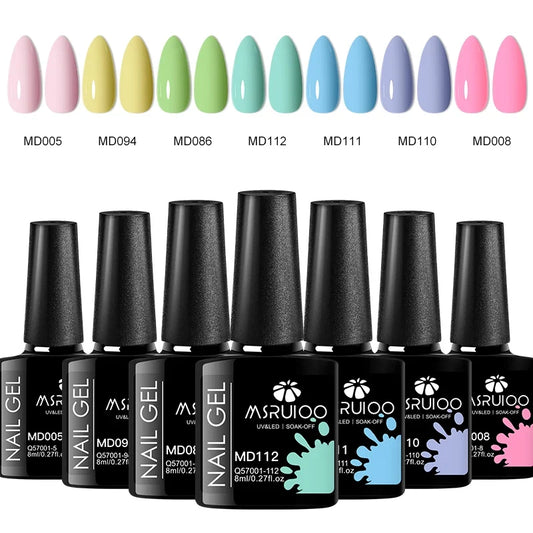 7-piece nail gel polish set with pastel nude and light color gel bottles and swatches