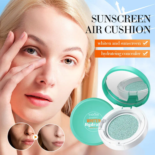 Air cushion sunscreen compact with teal sponge pad, open flip lid and cover