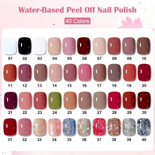 Peel-off nail polish color chart with glossy nail swatches, 40 colors