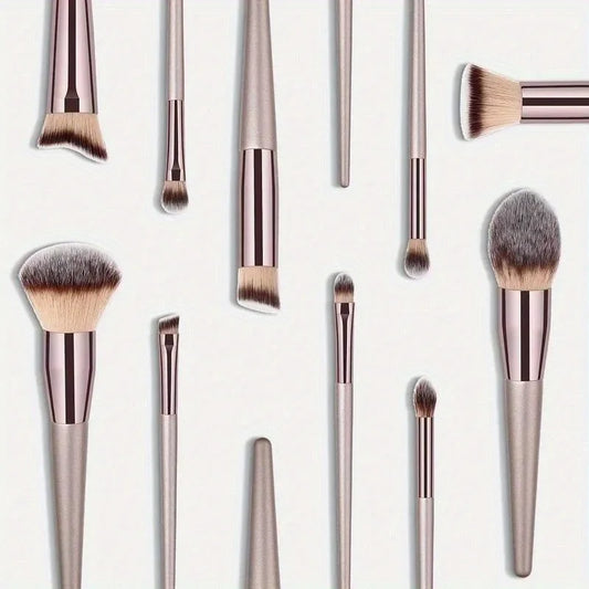 Champagne gold makeup brush set, assorted brush heads with silver handles and bristles