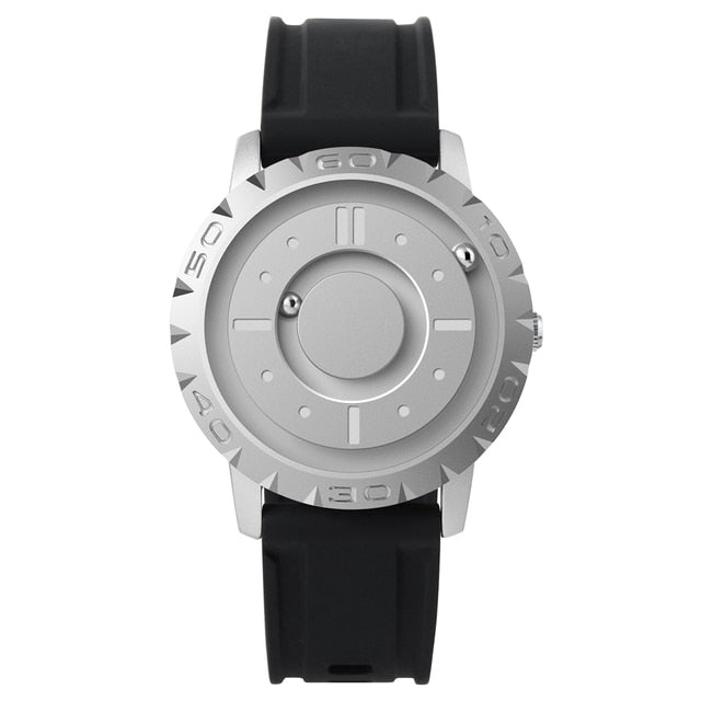 Men’s watch with dark rubber strap, light gray dial, and silver bezel
