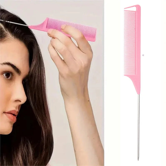Pink rat-tail comb and wide-tooth brush for hair smoothing, held in a hand.
