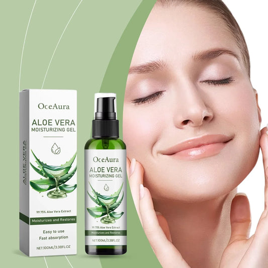 Aloe vera gel box and bottle with model face and hand on cheek