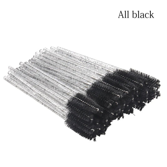 Disposable mascara wand brushes, silver glitter handles with black spool brush heads