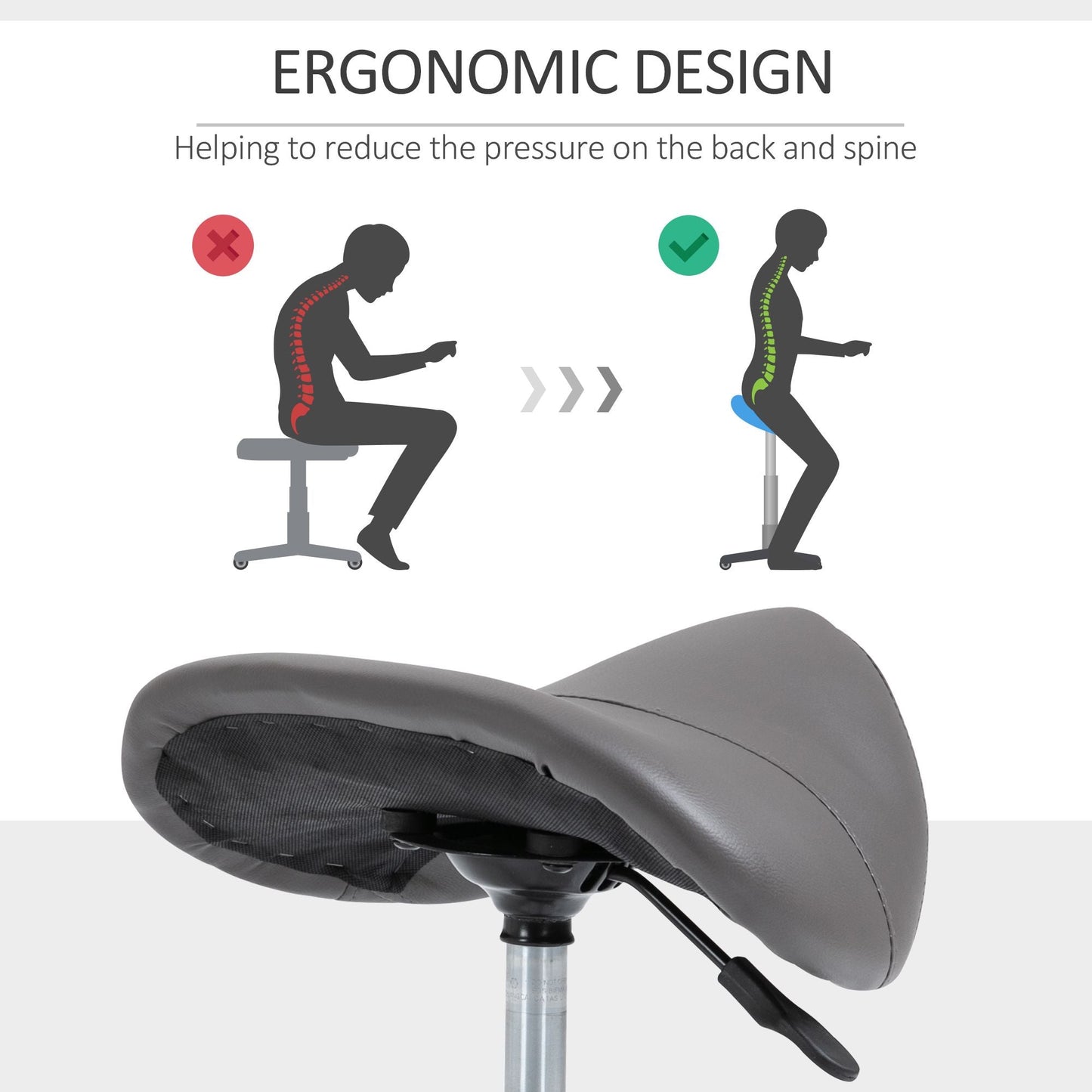 Saddle Stool Adjustable Hydraulic Rolling Beauty Salon Stool Ergonomic PU Leather Stool Round Grey - Renee Lane Company