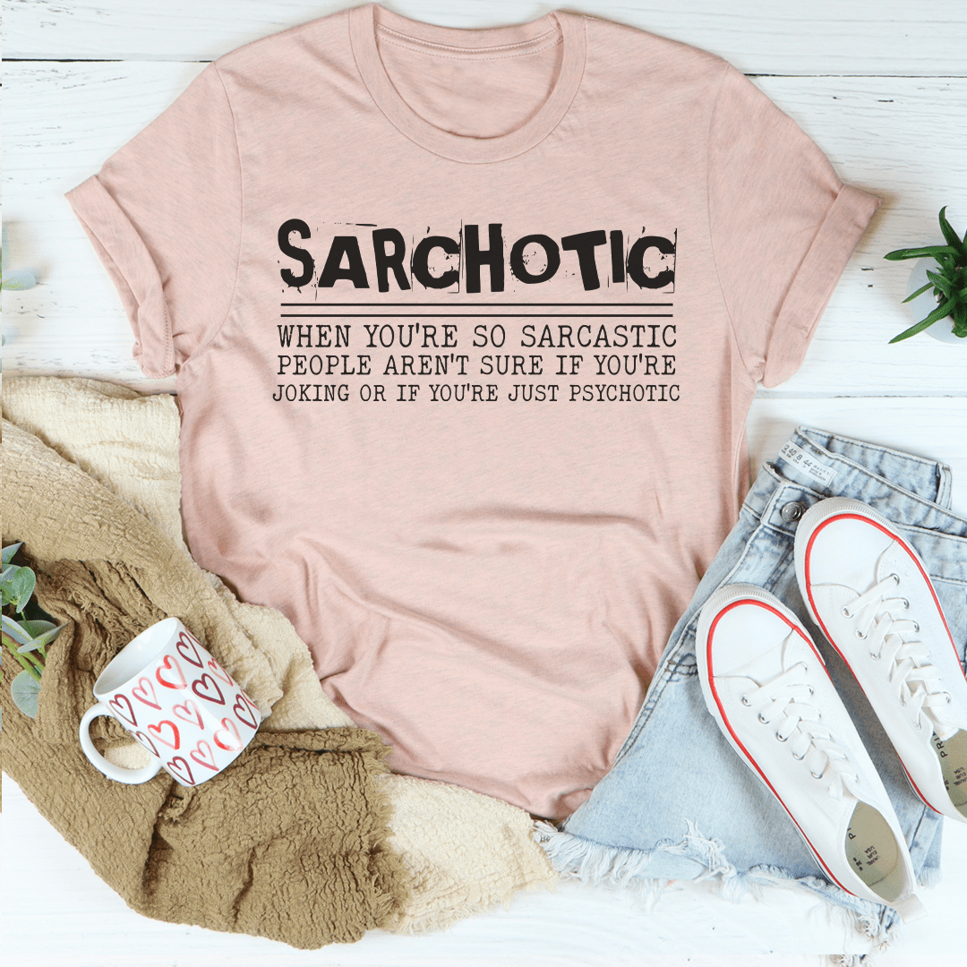 Heather prism peach T-shirt with crew neck and SARCHOTIC front graphic text