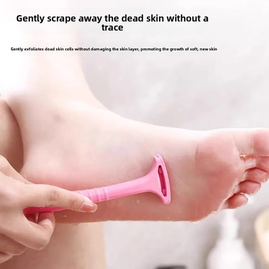 Pink pedicure scraper knife held in hand, curved blade for exfoliating feet