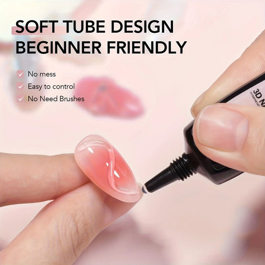 Hands applying 3D sculpting gel to a pale pink nail using a squeeze tube