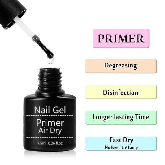 Nail gel primer bottle with brush, plus primer benefit icons