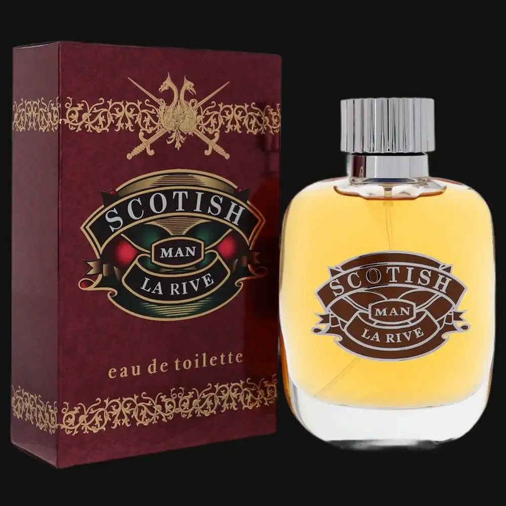 Men's Scotish Man La Rive eau de toilette bottle and maroon gift box.