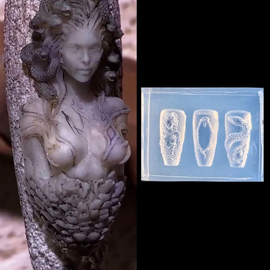 3D snake girl silicone nail mold with three vertical relief designs inside
