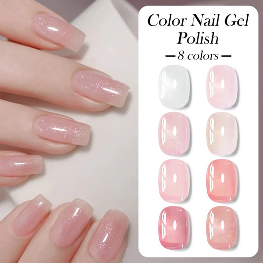 8-color translucent nude gel nail polish set, soft pink and sheer nude nail swatches