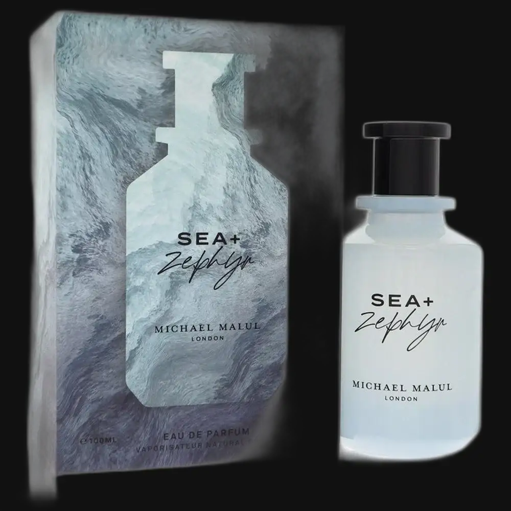 Sea+ Zephyr eau de parfum for men, bottle and box with black cap.