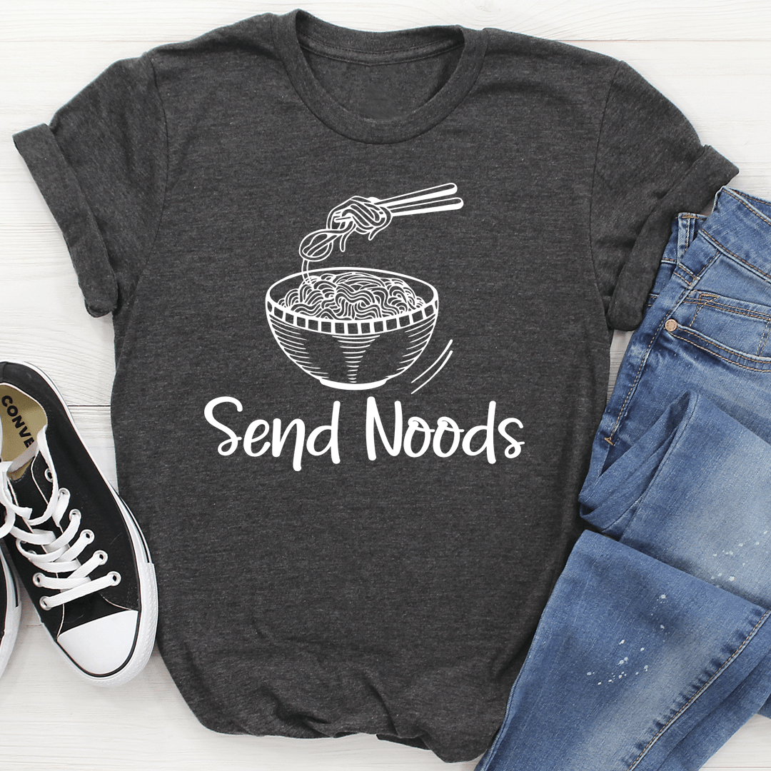 Dark grey heather T-shirt with white noodle bowl illustration and 'Send Noods' print