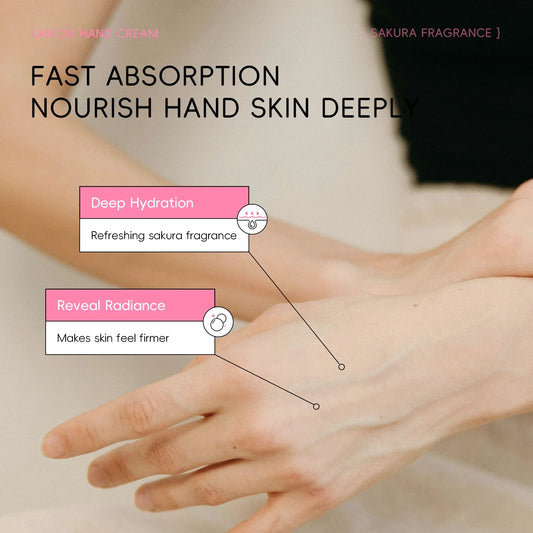 Pink hand cream spread on hands for deep nourishment and fast absorption